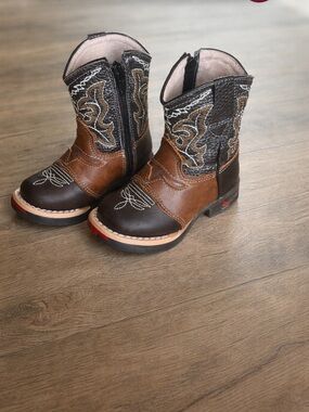 Kids Two-Tone Brown Leather Cowboy Boots with Embroidered Shaft